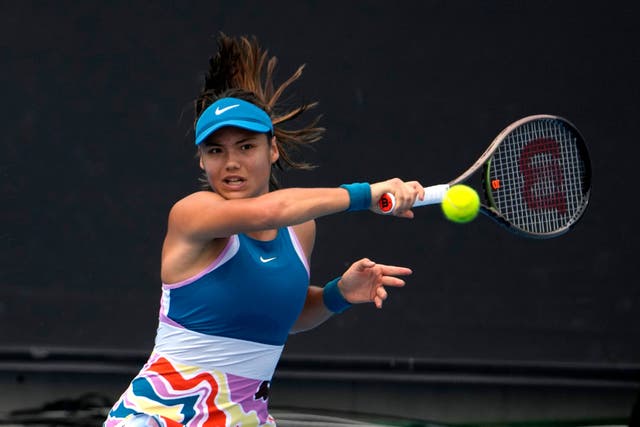 Emma Raducanu hits a forehand during her victory over Tamara Korpatsch (Ng Han Guan/AP)