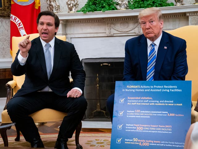 <p>Florida Gov. Ron DeSantis (L) speaks while meeting with U.S. President Donald Trump in the Oval Office of the White House on April 28, 2020 in Washington, DC</p>