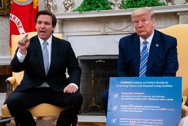<p>Florida Gov. Ron DeSantis with then-US President Donald Trump in the Oval Office of the White House in happier times in April 2020</p>