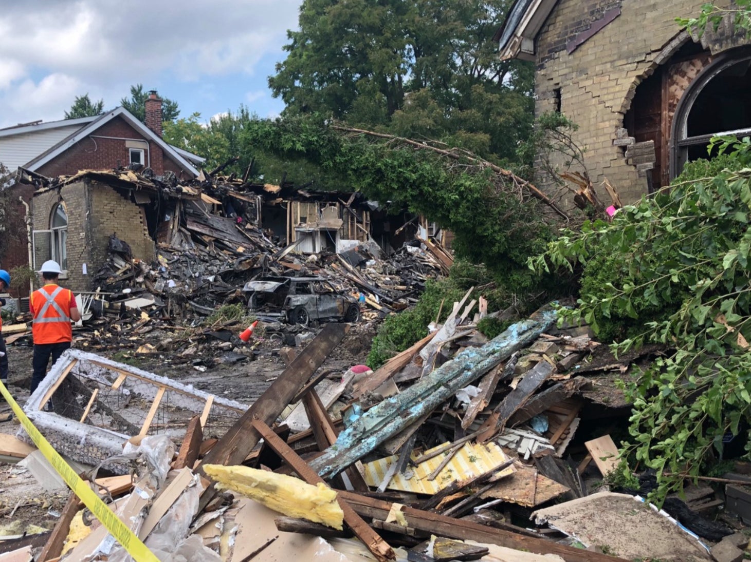 Wreckage is seen in London, Ontario, after Danielle Leis crashed her car and caused an explosion in August 2019