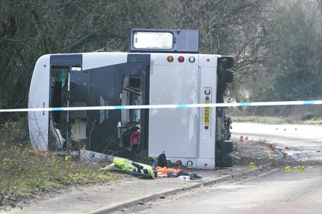 <p>The scene on the A39 in somerset after a double-decker bus overturned in an icy crash</p>