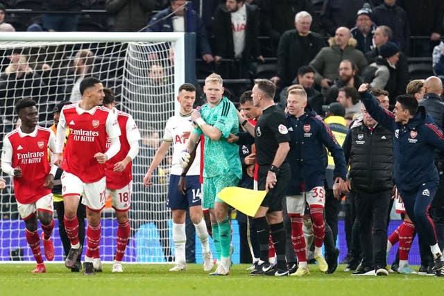 <p>Arsenal goalkeeper Aaron Ramsdale was kicked during the derby (Nick Potts/PA)</p>