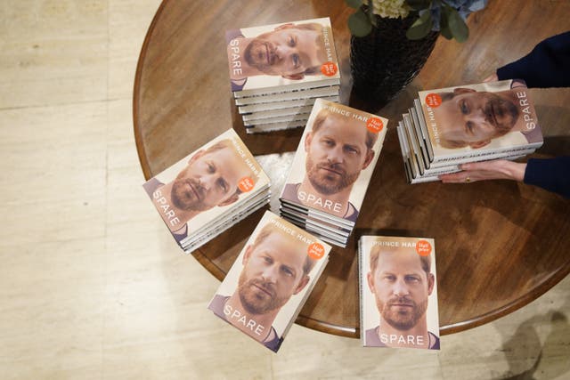 Copies of the autobiography from the Duke of Sussex, titled Spare, on display at Waterstones Piccadilly (James Manning/PA)