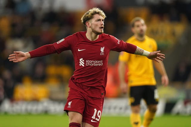 <p>Liverpool’s Harvey Elliott celebrates scoring at Molineux (Mike Egerton/PA)</p>