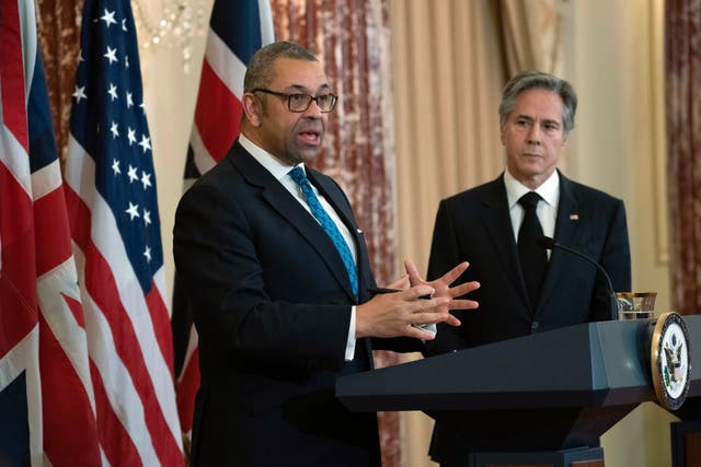 Foreign Secretary James Cleverly, with Secretary of State Antony Blinken, speaks during a news conference in the State Department (Manuel Balce Ceneta/AP/PA)