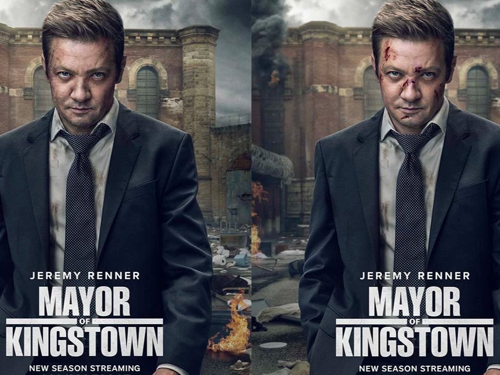 Jeremy Renner in the new ‘Mayor of Kingstown’ season two poster (left) beside a previous version