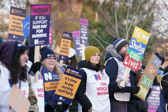 Members of the Royal College of Nursing (RCN) on the picket line outside the Norfolk And Norwich University Hospital, Norwich, as nurses take industrial action over pay. Picture date: Wednesday January 18, 2023.