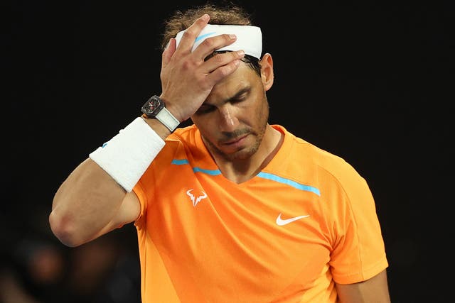 <p>Rafael Nadal struggles with an injury during his second round match</p>