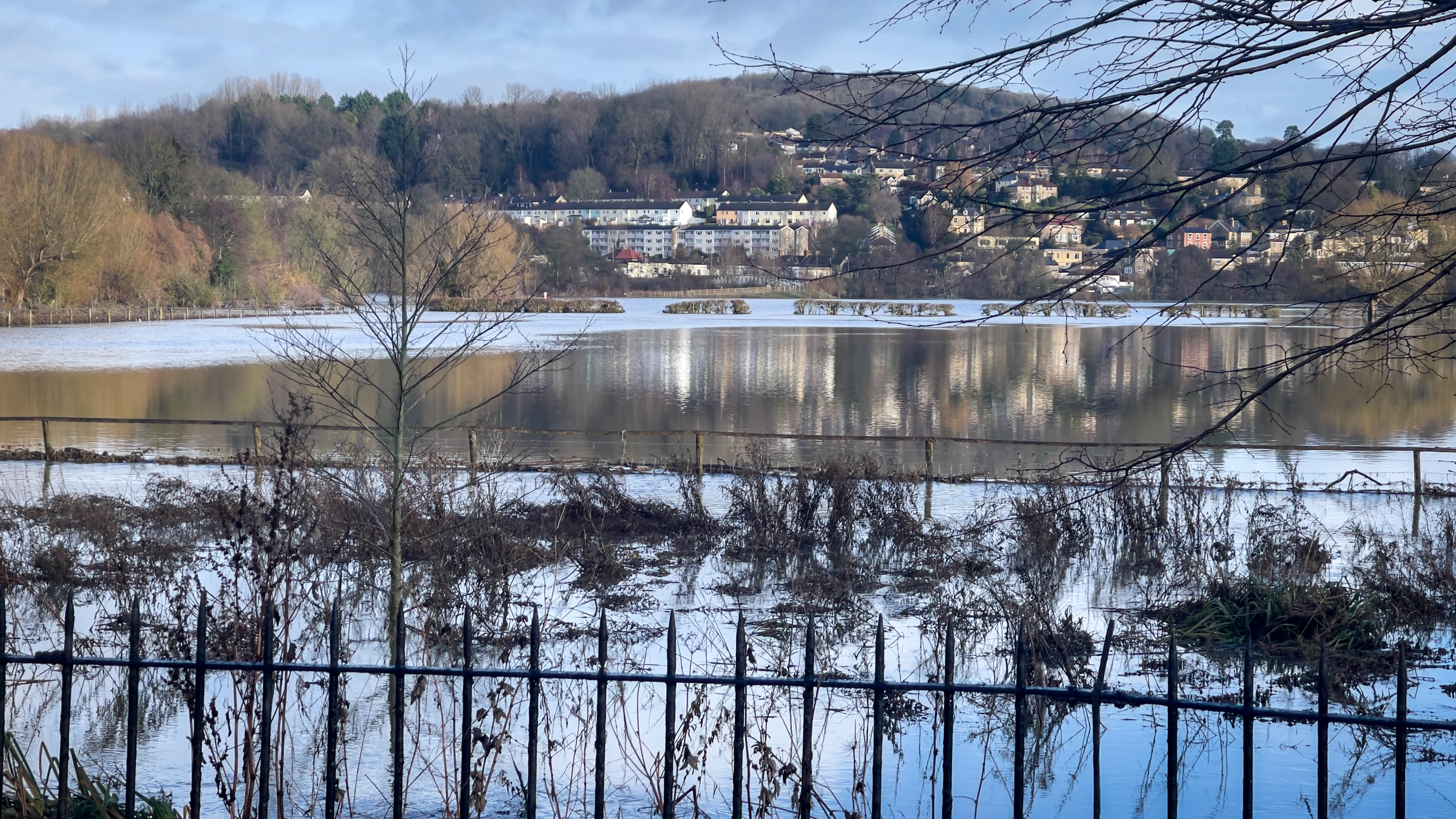 Flood water surrounds Bathampton, located adjacent to the River Avon which burst its banks