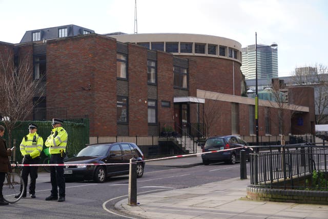 <p>The shooting took place outside St Aloysius Church in Phoenix Road, Euston (Yui Mok/PA)</p>