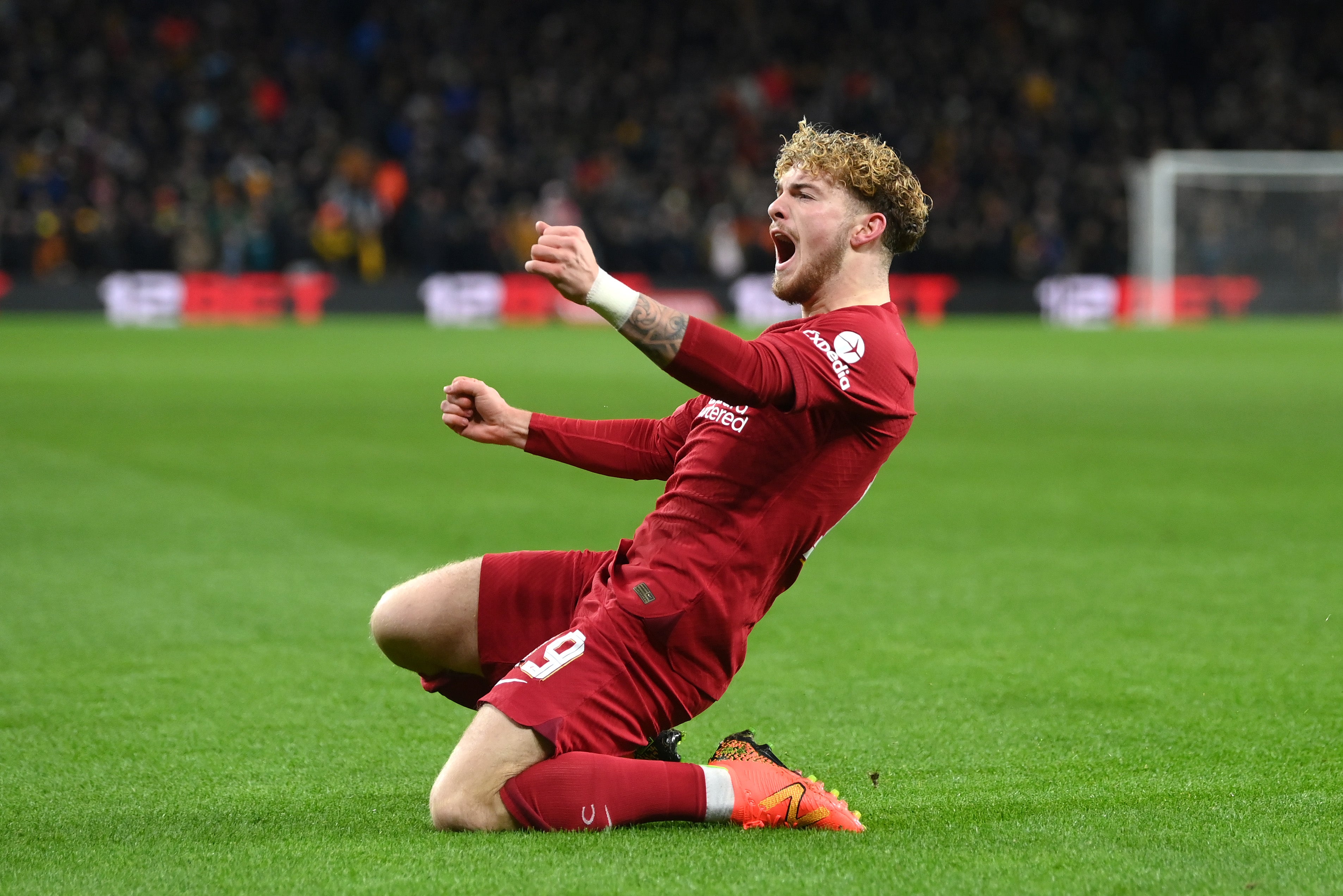 Harvey Elliott celebrates scoring Liverpool’s winner at Wolves