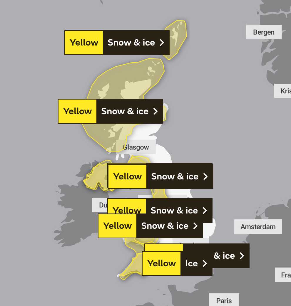 The Met Office has issued weather warnings for snow and ice for Wednesday and Thursday