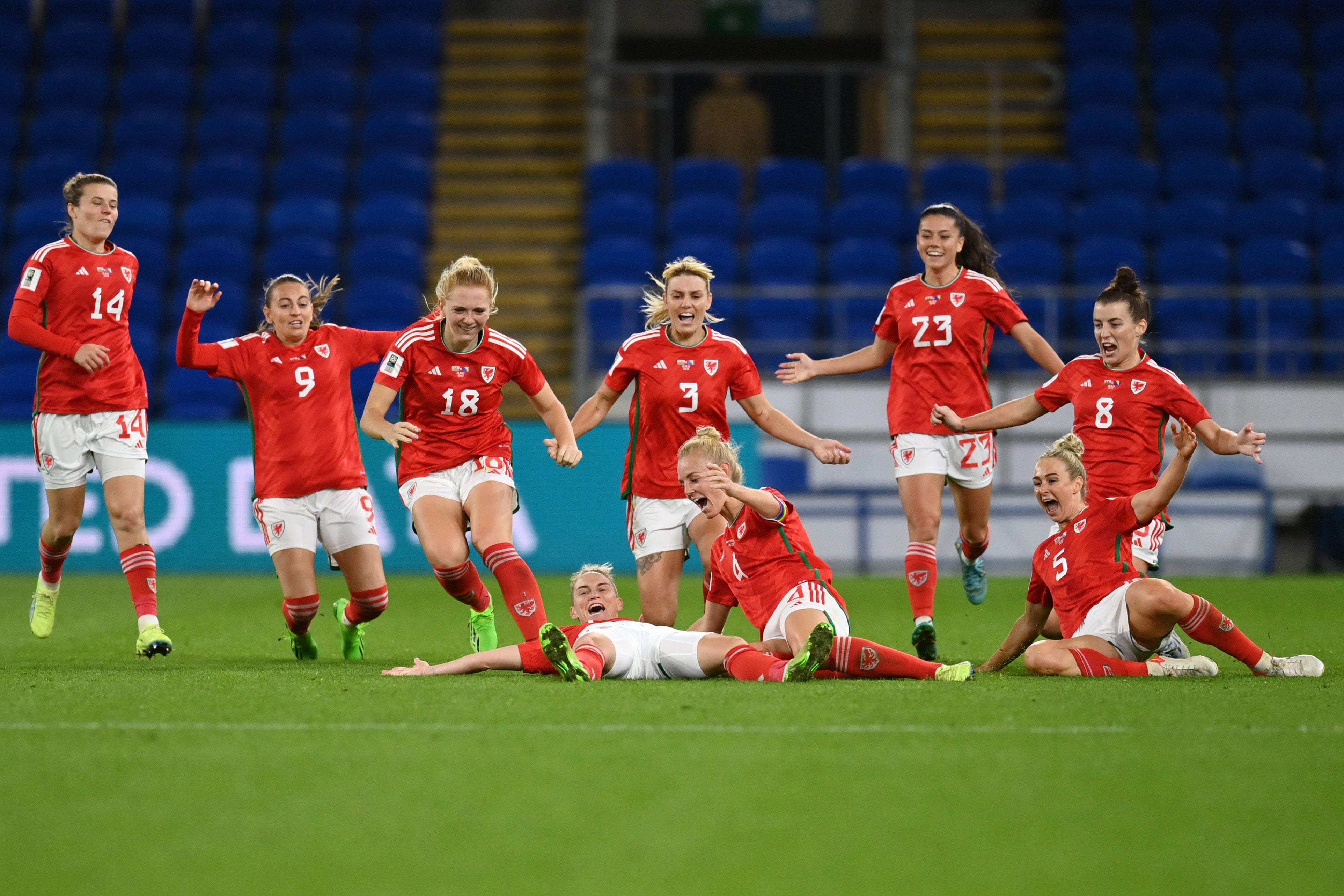 Wales players celebrate a goal during World Cup qualifying