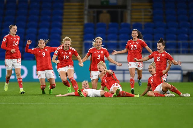 <p>Wales players celebrate a goal during World Cup qualifying </p>