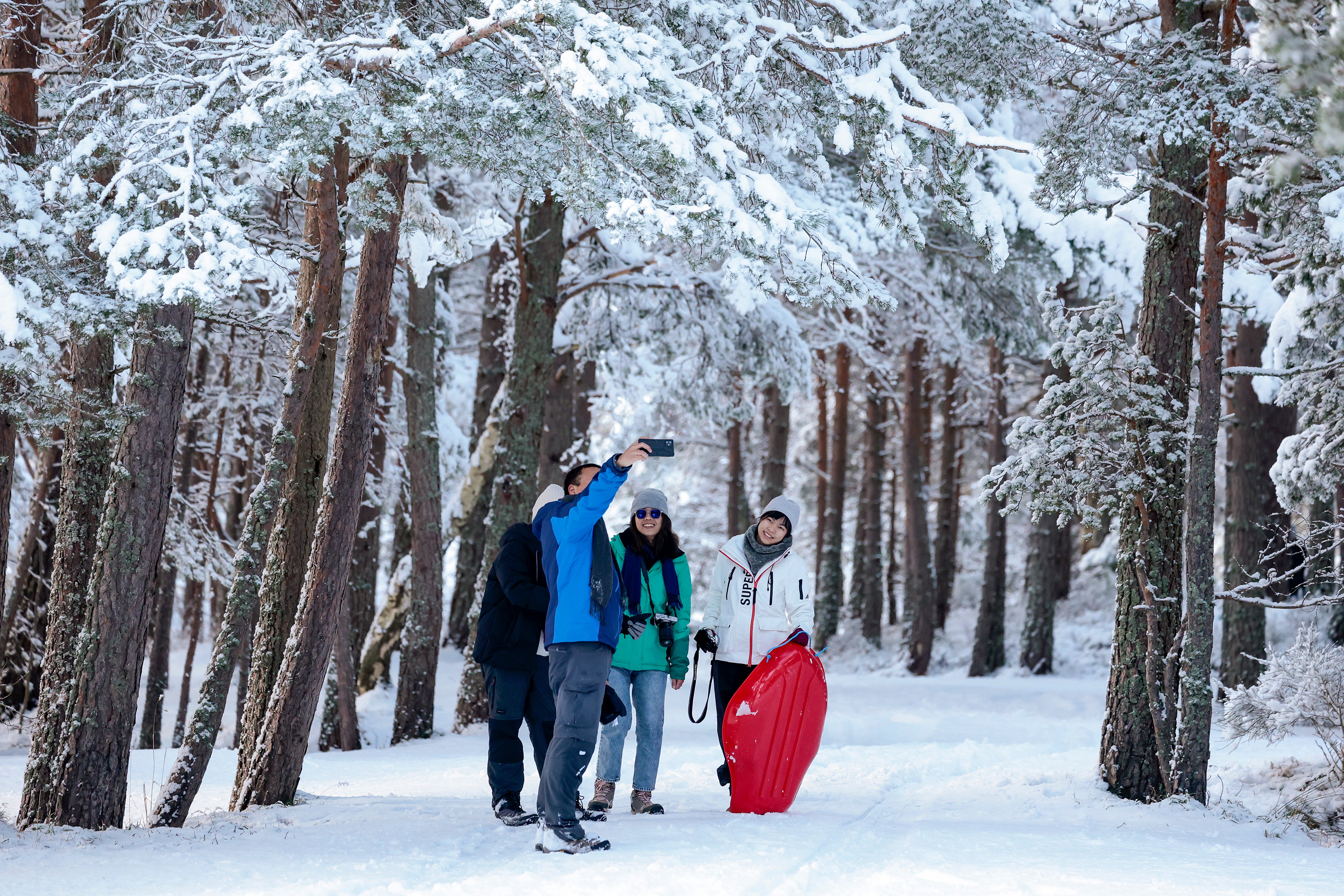 A group poses for a selfie in woods by Loch Morlich