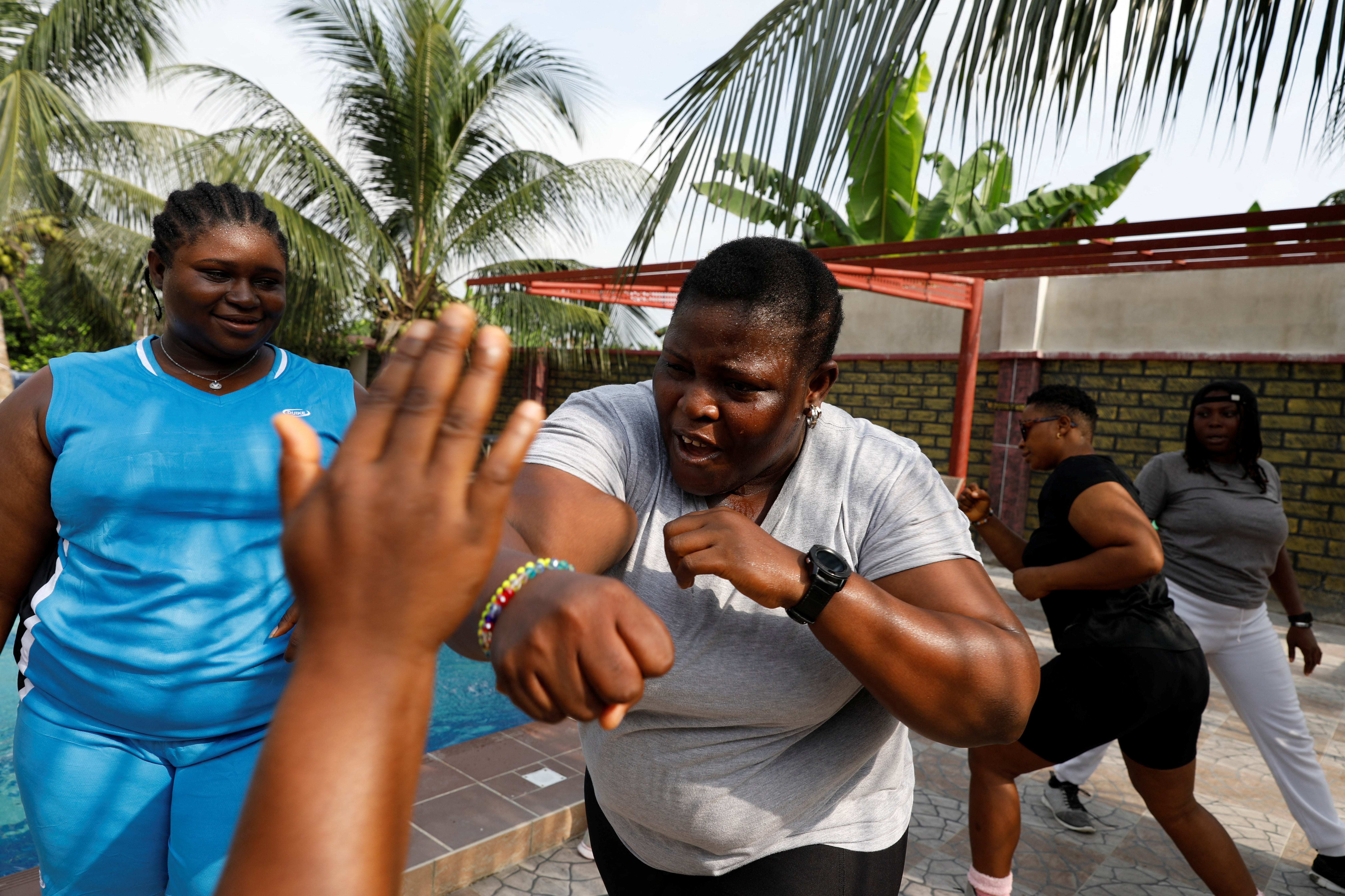 Nsikan Ekandem, Tolulope Ukpanah, Margaret Thomas and Samantha Joseph train during an exercise session at Camp Gee Hotel in Uyo