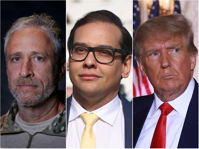 <p>Jon Stewart, George Santos and Donald Trump</p>