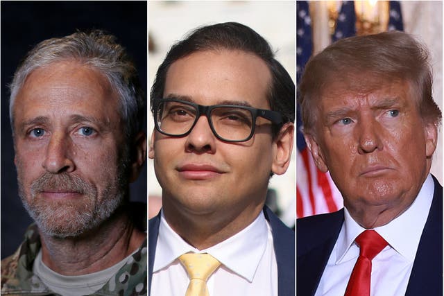 <p>Jon Stewart, George Santos and Donald Trump</p>