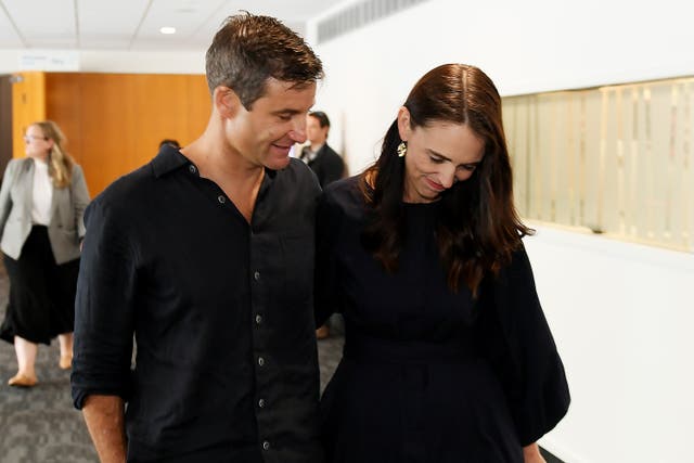 <p>New Zealand prime minister Jacinda Ardern and partner Clarke Gayford leave after she announces her resignation at the War Memorial Centre in Napier, New Zealand</p>