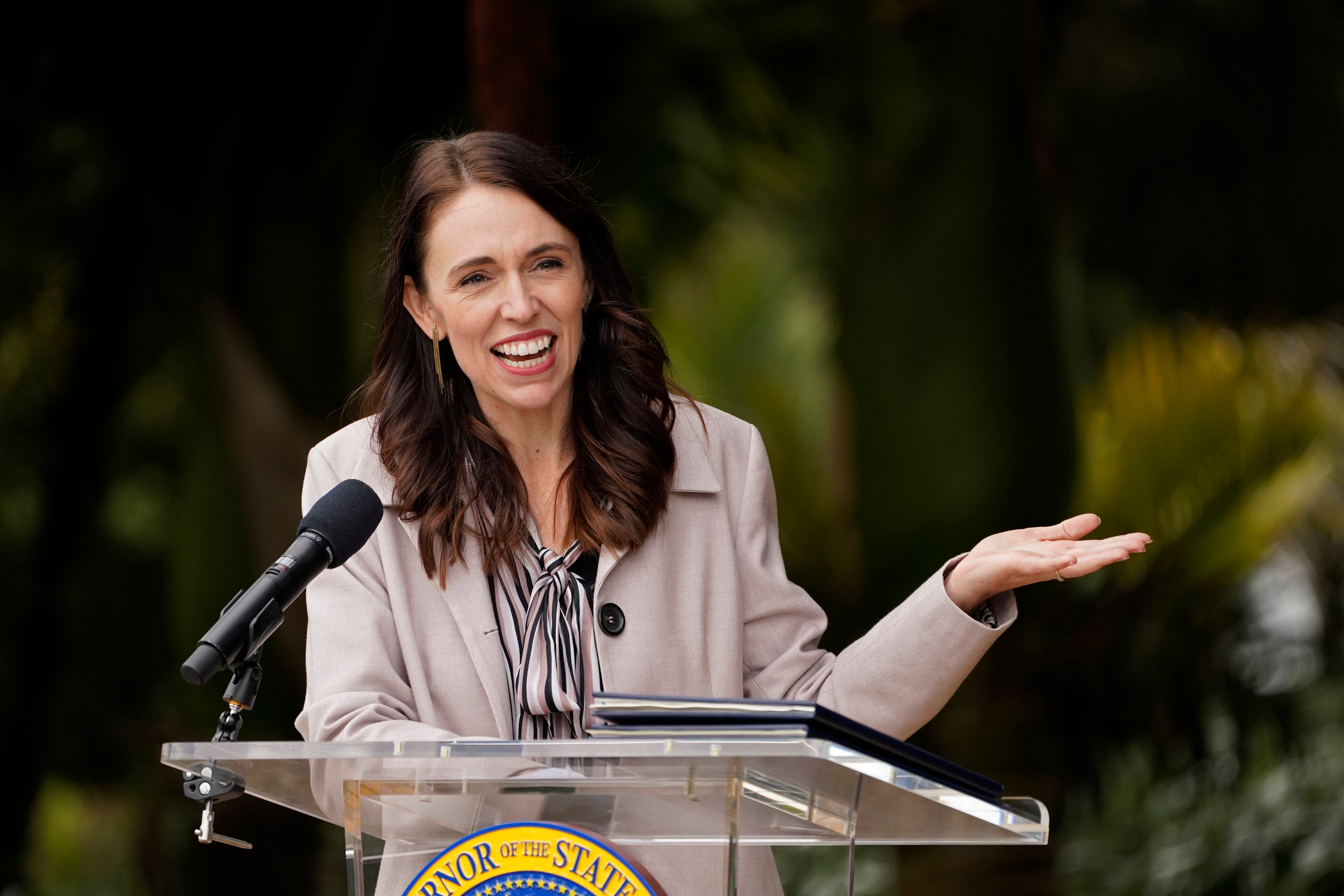 File New Zealand prime minister Jacinda Ardern gestures while speaking at the Botanical Garden in San Francisco in 2022