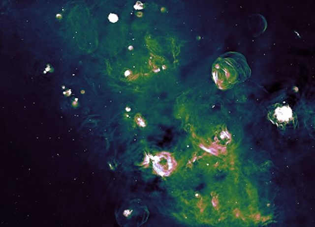 <p>A part of the galactic plane as seen by the ASKAP radio telescope and the Parkes radio telescope, Murriyang, showing supernova remnants and the space between the stars</p>