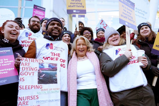 Royal College of Nursing (RCN) chief executive Pat Cullen joins RCN members on the picket line outside University College Hospital, London, as nurses take industrial action over pay. Picture date: Thursday January 19, 2023.