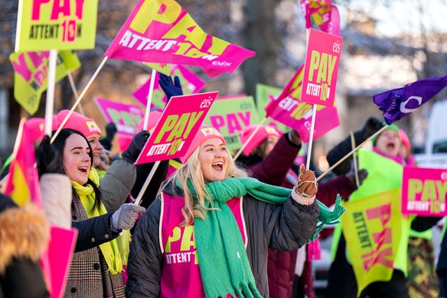 <p>Members of the Educational Institute of Scotland (EIS) held a rally, as teachers take strike action, outside the Corn Exchange in Haddington, East Lothian, in protest over pay</p>