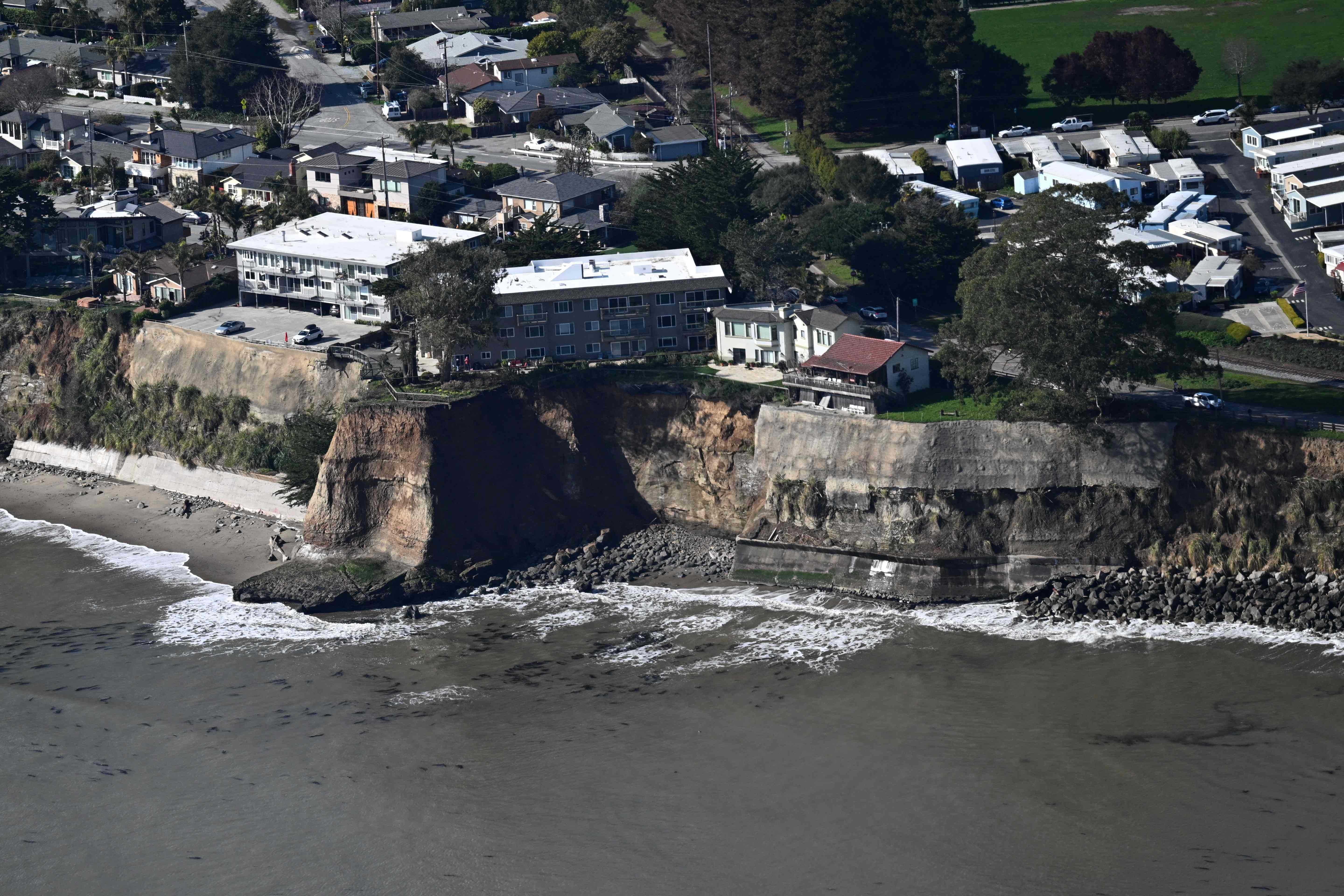 An aerial view of the damage along the coast of California