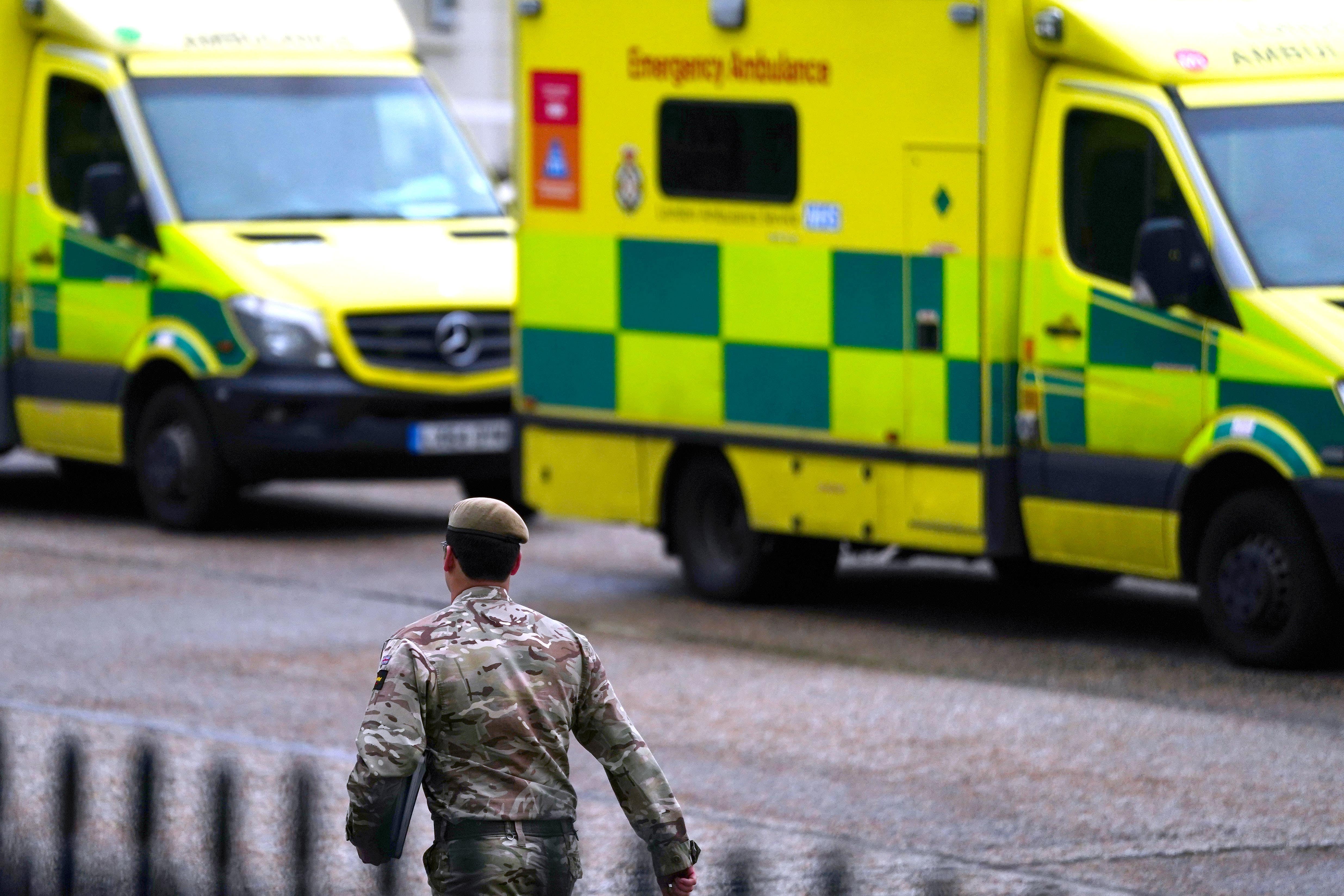 Ambulances in the grounds of Wellington Barracks, central London, as ambulance workers of Unison and GMB unions take strike action over pay and conditions that will affect non-life threatening calls (Victoria Jones/PA)