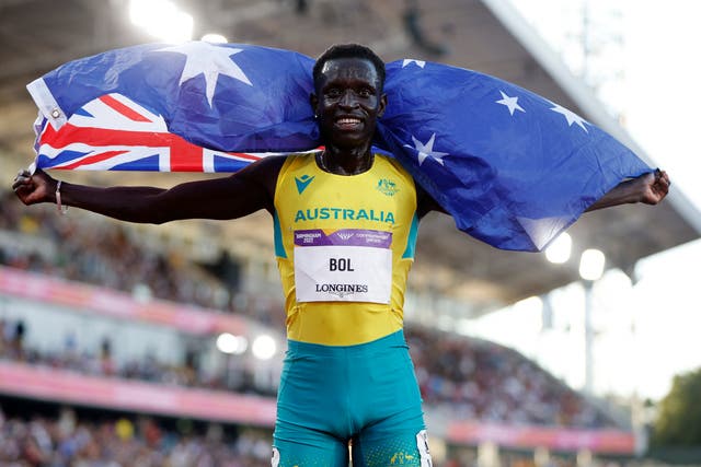<p>Australia’s Peter Bol celebrates after winning silver at the Commonwealth Games</p>