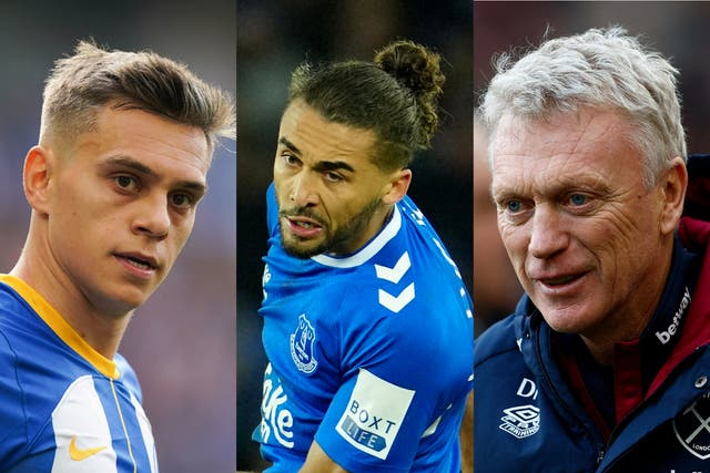 <p>Leandro Trossard, Dominic Calvert-Lewin and David Moyes are all in the transfer news currently </p>