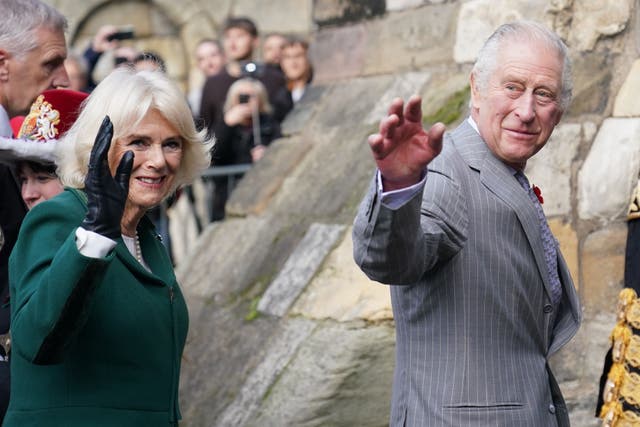The King and Queen Consort at Micklegate Bar in York (Jacob King/PA)