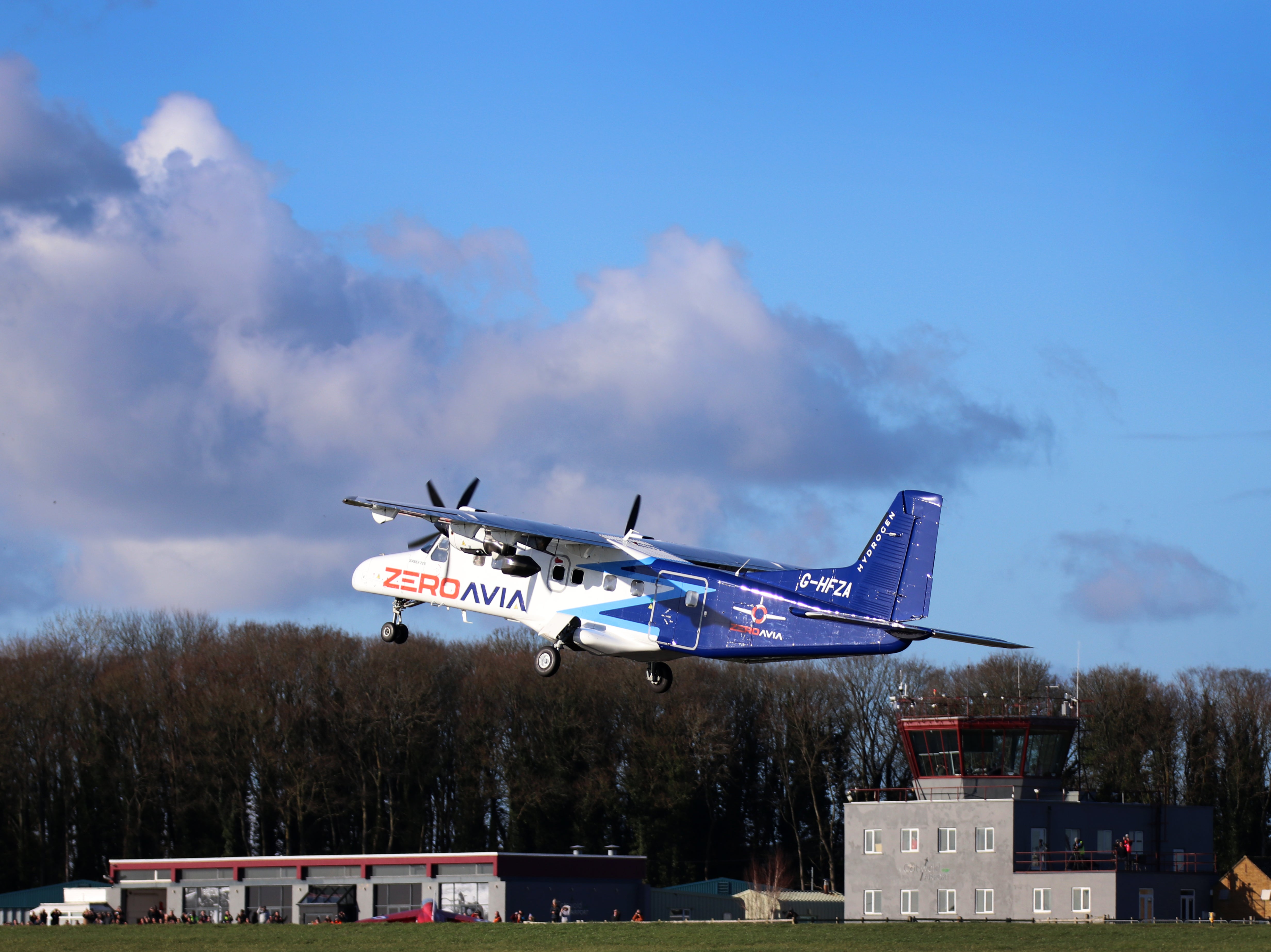 The adapted Dornier 228 departs Kemble aerodrome on Thursday