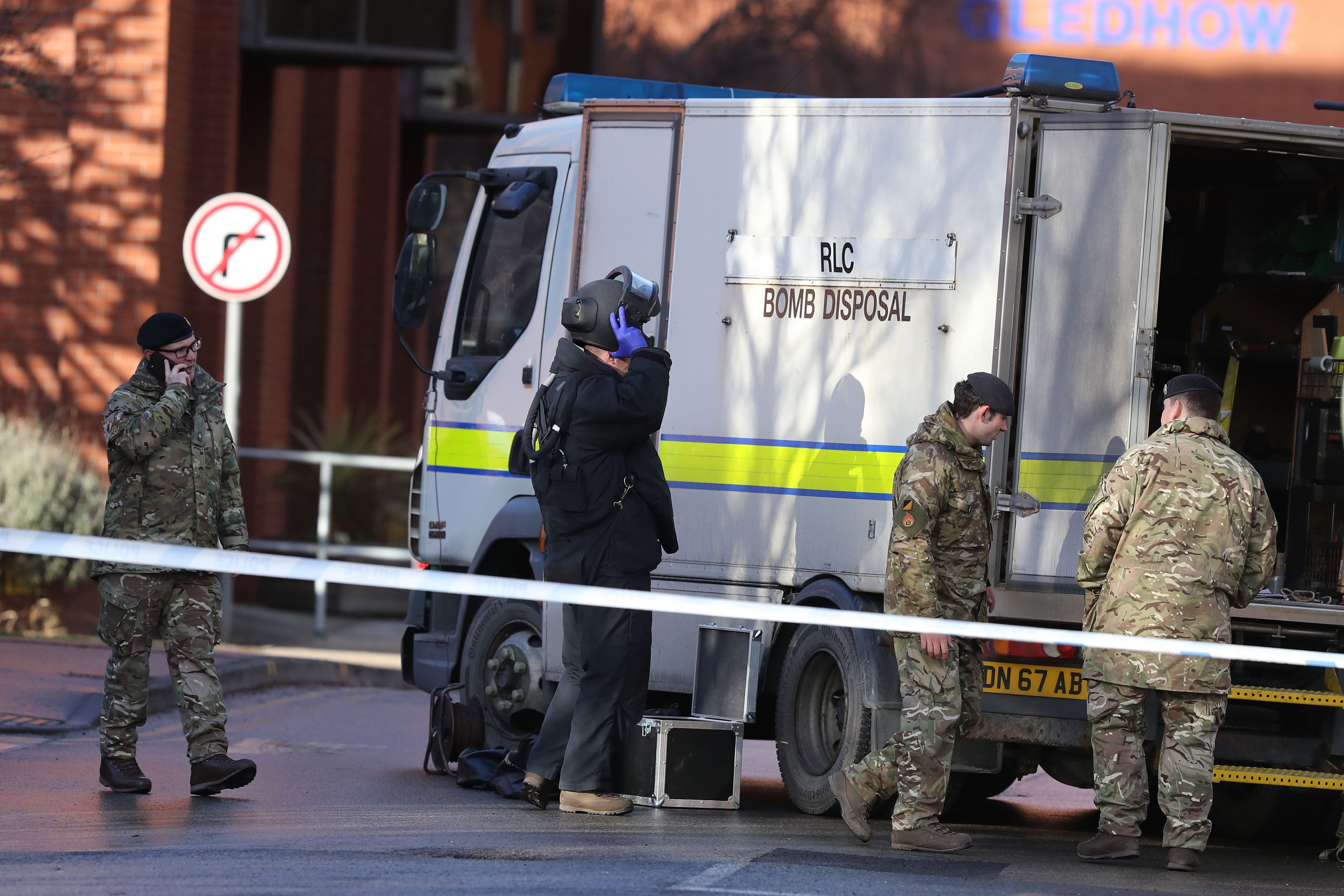 A bomb disposal unit at St James’s Hospital, Leeds, after patients and staff were evacuated (PA)