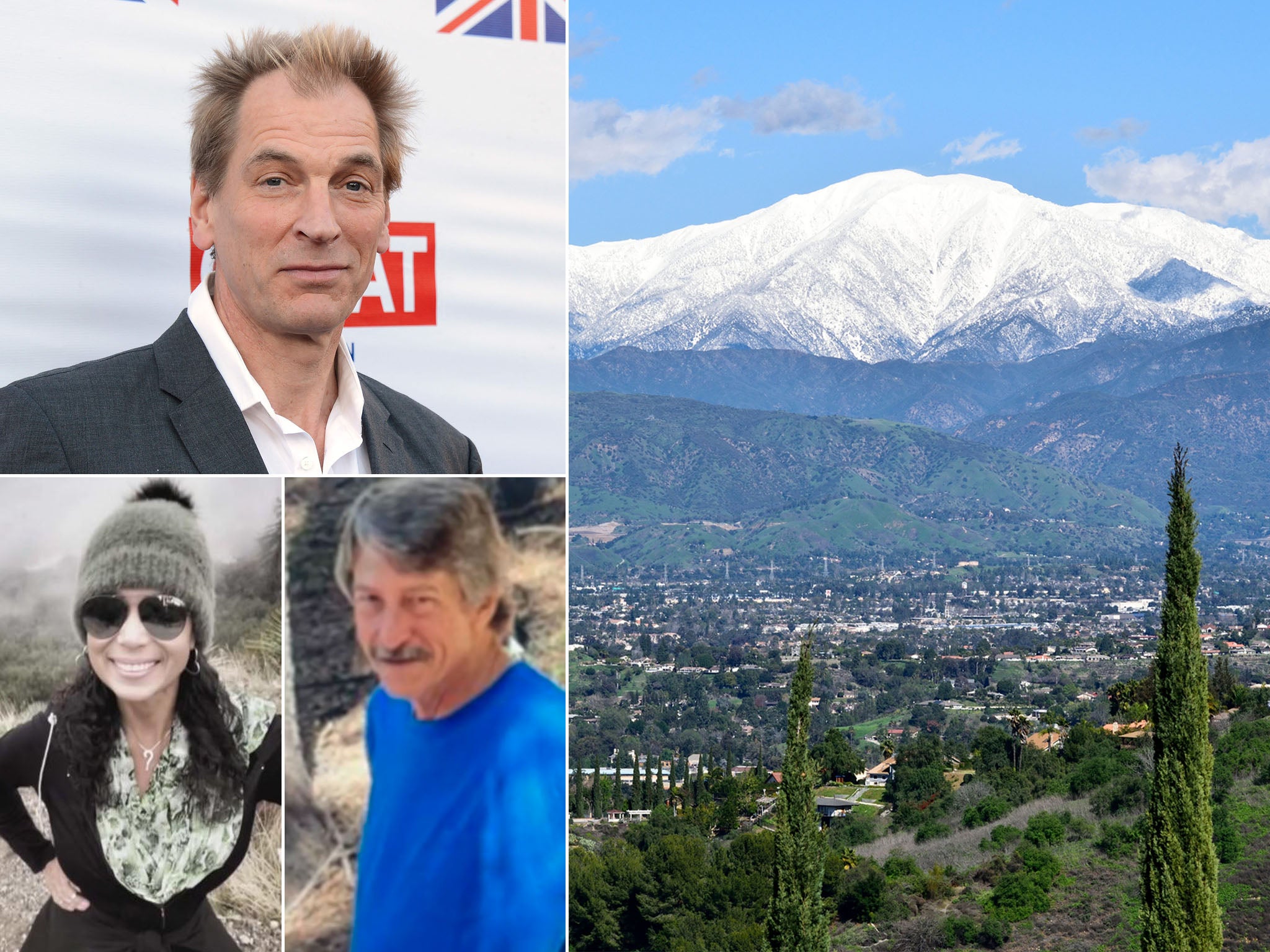 From top, clockwise: The British actor Julian Sands who has been missing for several days after hiking on Mount Baldy, right. Jeffrey Morton and Crystal Paula Gonzalez recently died while hiking during California’s severe storms