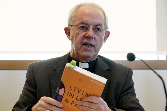The Archbishop of Canterbury, Justin Welby has said he is “celebratory” about proposals for church blessings for same-sex couples but that he will not offer them himself due to his role (Jonathan Brady/PA)