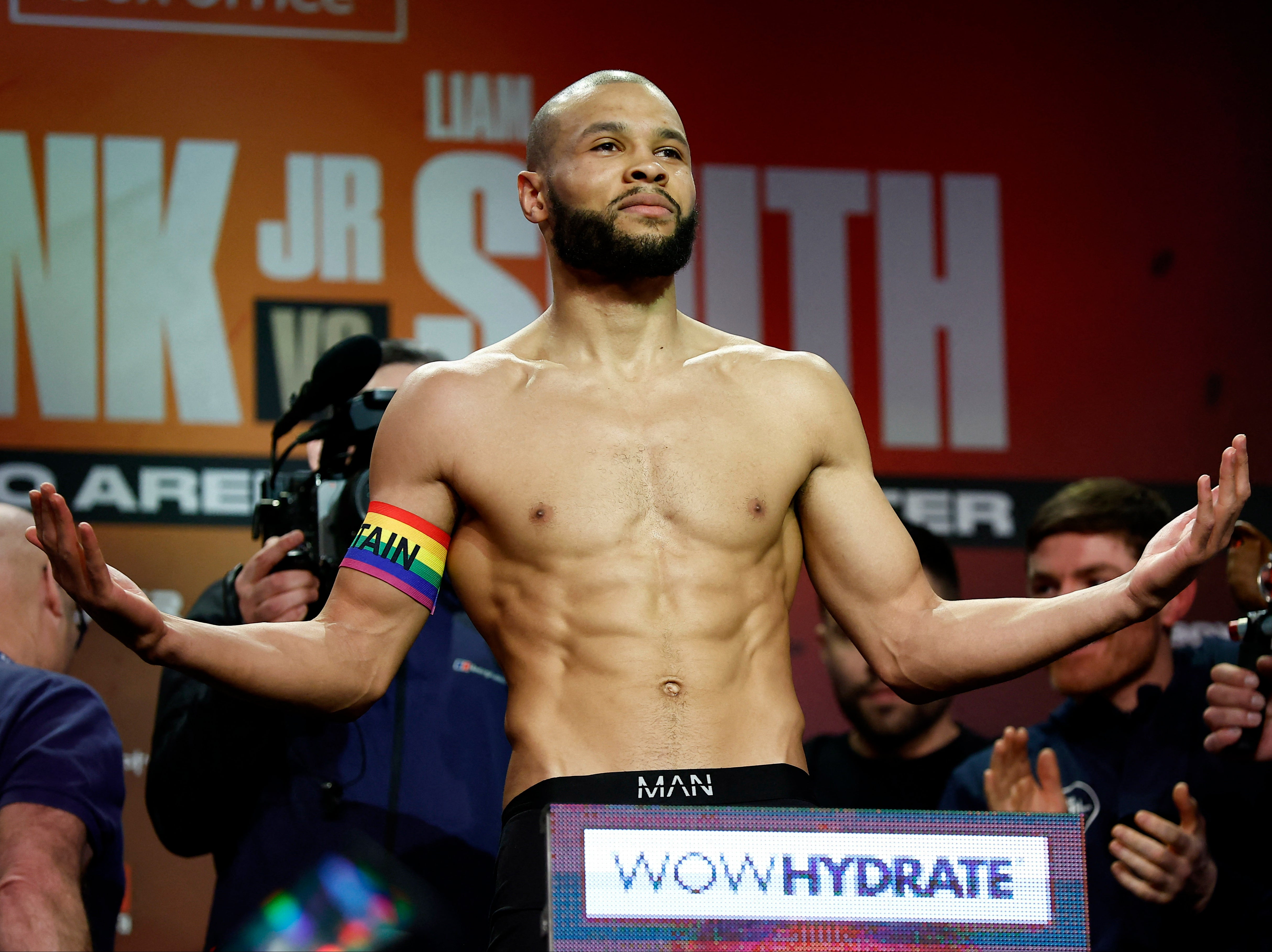 Chris Eubank Jr during the weigh-in wearing a rainbow coloured arm band