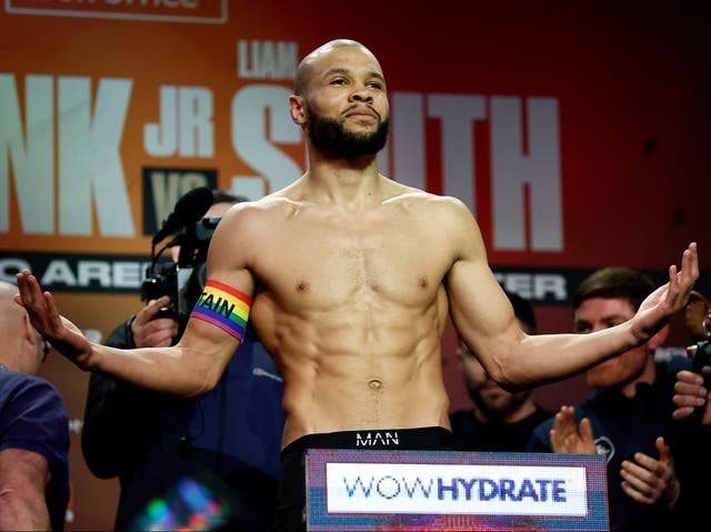 <p>Chris Eubank Jr during the weigh-in wearing a rainbow coloured arm band</p>