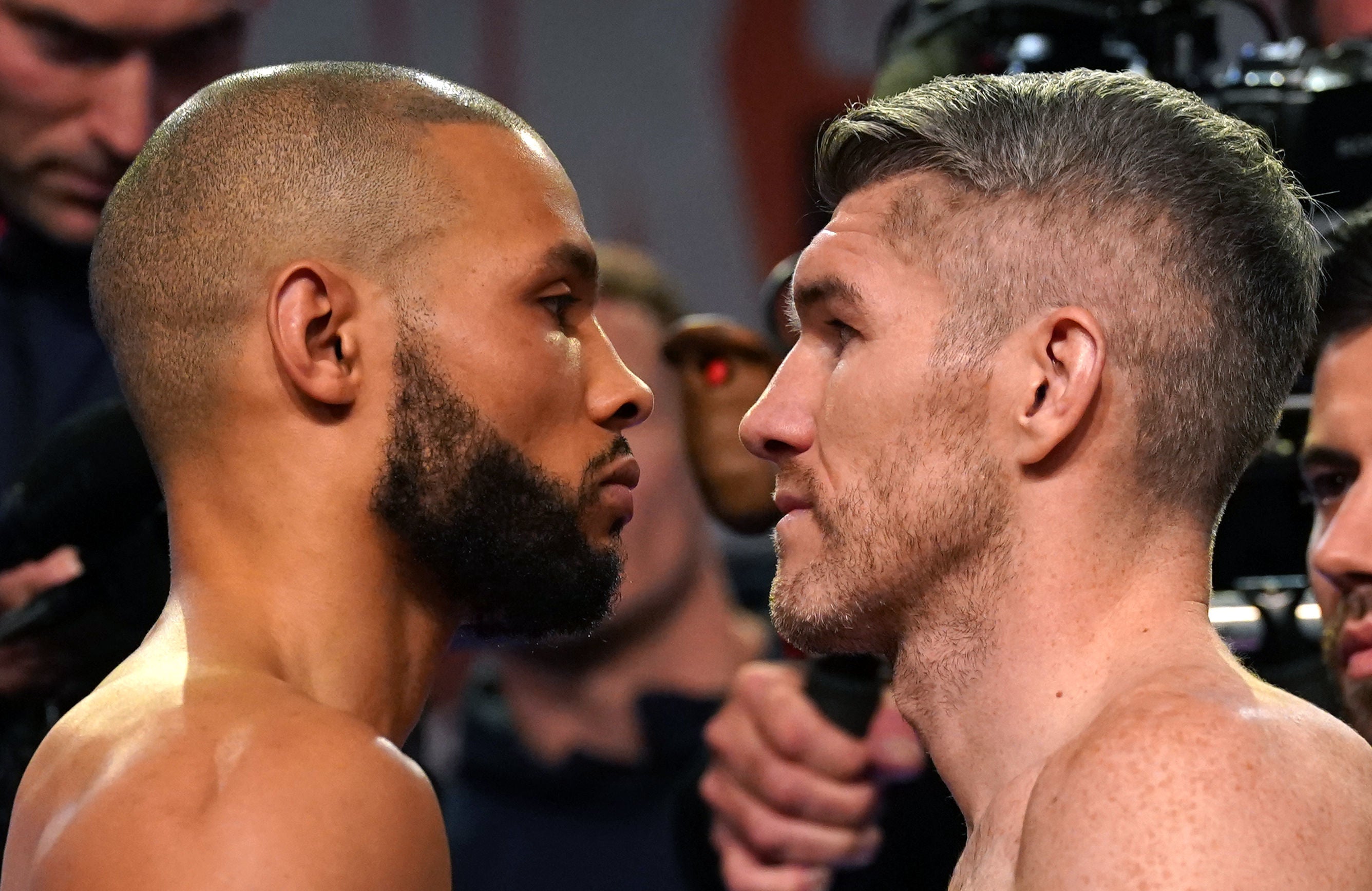 Chris Eubank Jr and Liam Smith during the weigh-in