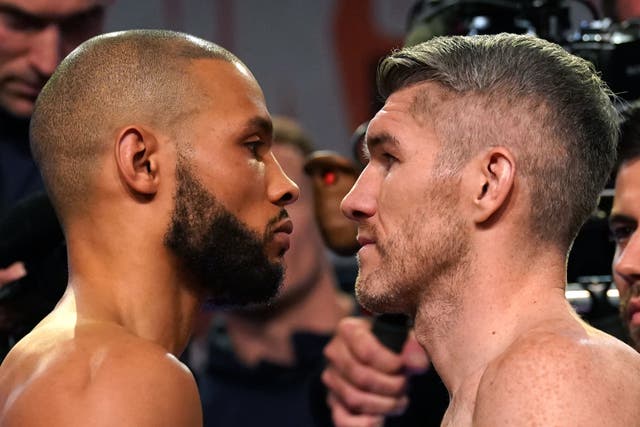 <p>Chris Eubank Jr and Liam Smith during the weigh-in </p>