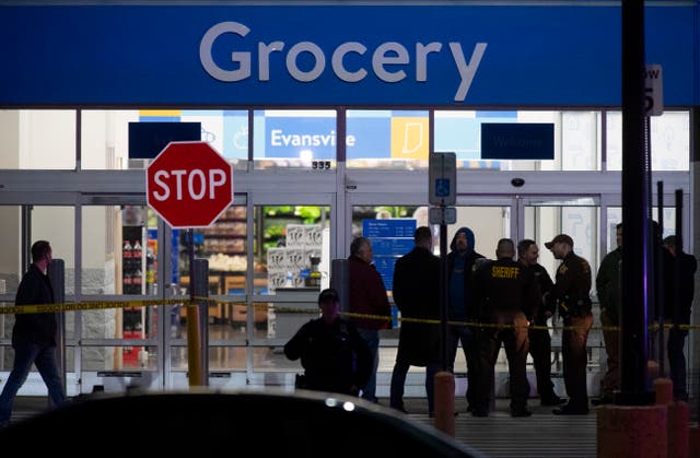 <p>Emergency responders at the scene of a shooting at the West Side Walmart in Evansville, Indiana</p>