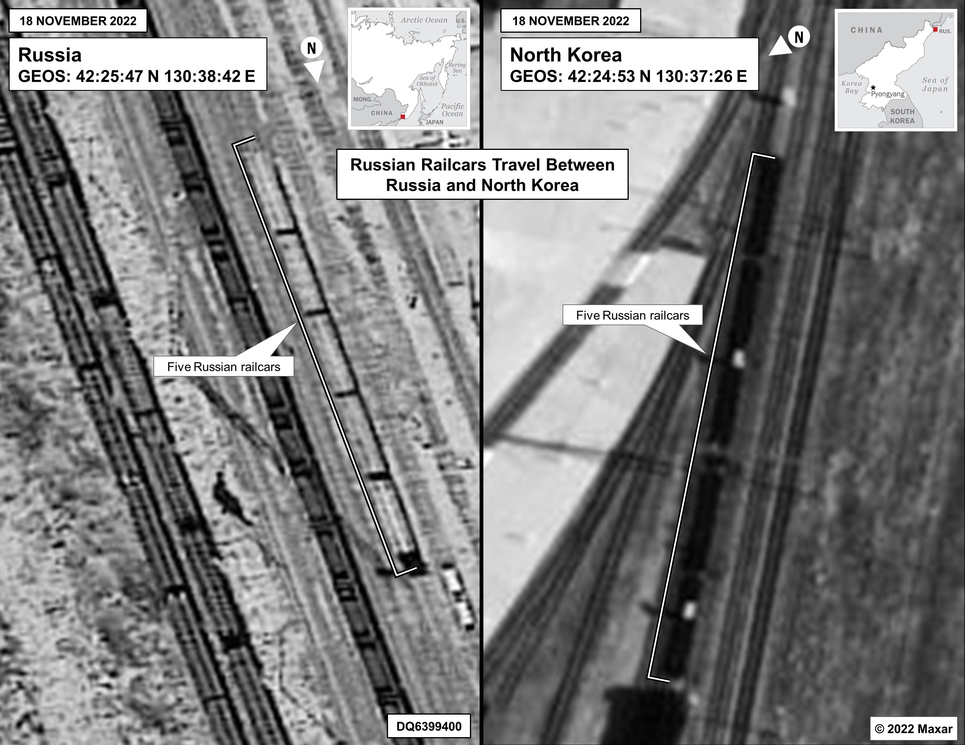 In this satellite photograph released by the National Security Council, Russian railcars are seen traveling between Russia and North Korea to receive arms bound for use by the Wagner Group in Ukraine