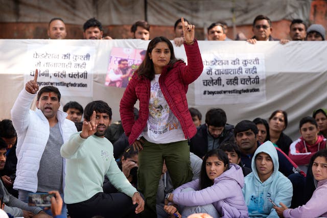<p>File: Indian wrestlers protest in Delhi in January demanding action against wrestling federation chief Brij Bhushan Singh who is accused of sexual harassment</p>