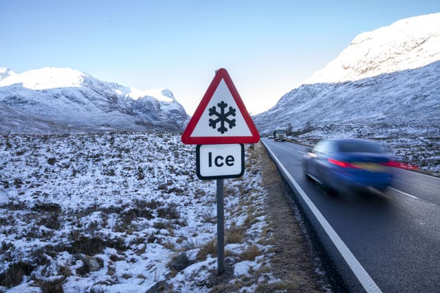 A road warning sign for ice on the A82 through Glencoe (Jane Barlow/PA)