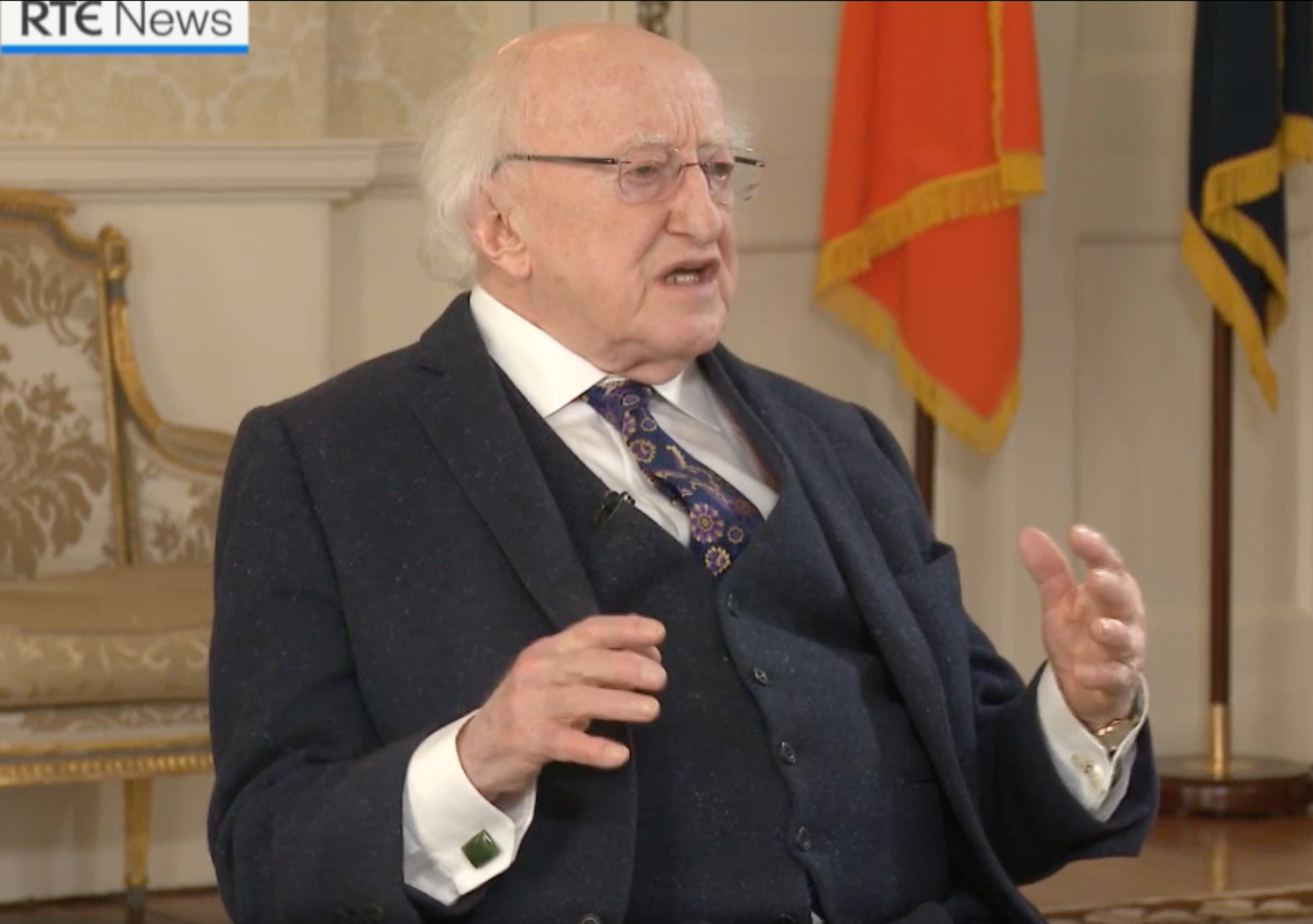 Michael D Higgins speaks to children in County Tipperary for an RTE broadcast