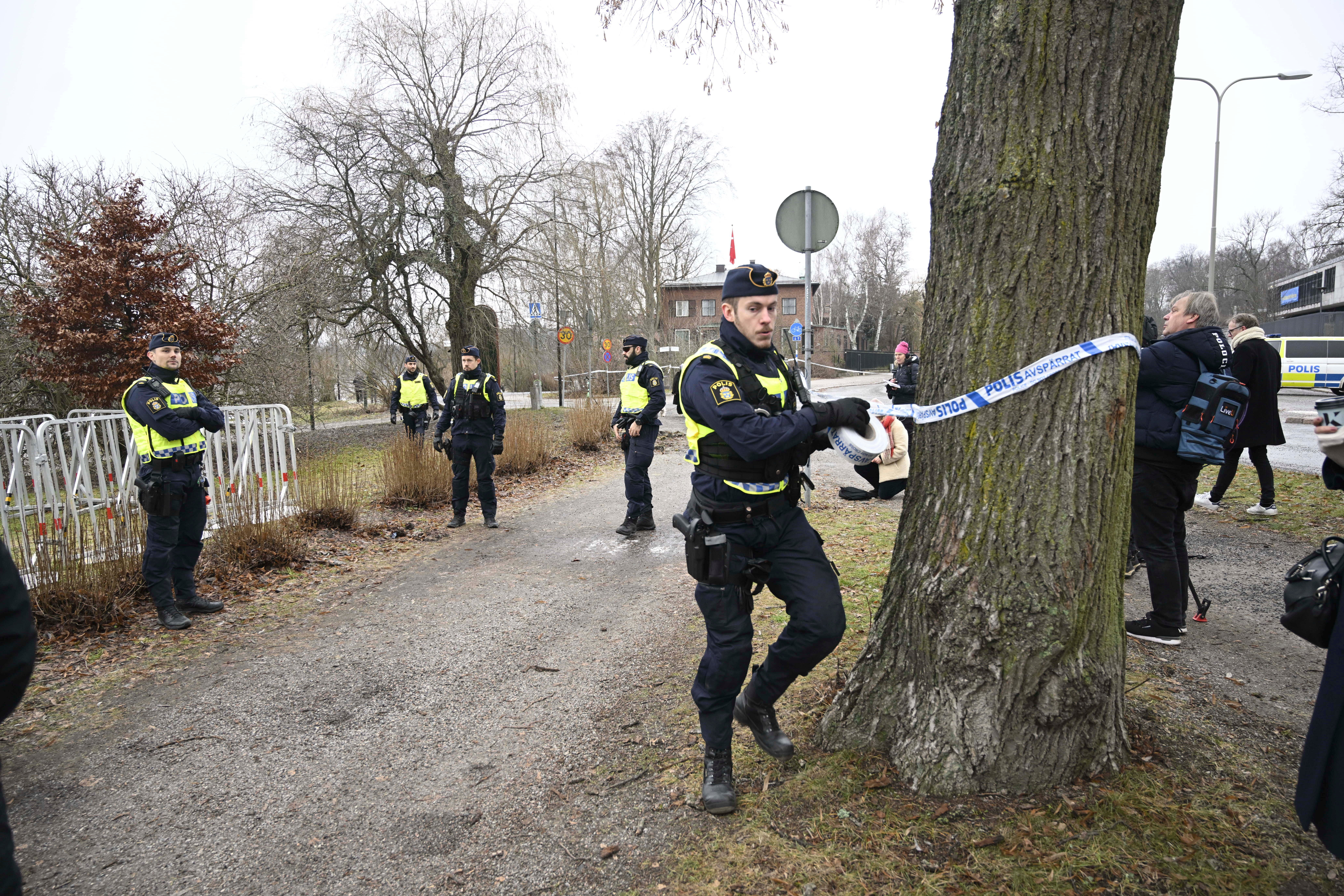 File. Police cordon off the area outside the Turkish embassy in Stockholm, Sweden, Saturday 21 January 2023