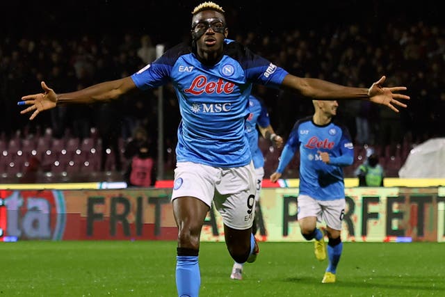 Napoli’s Victor Osimhen celebrates after scoring (Alessandro Garofalo/AP)