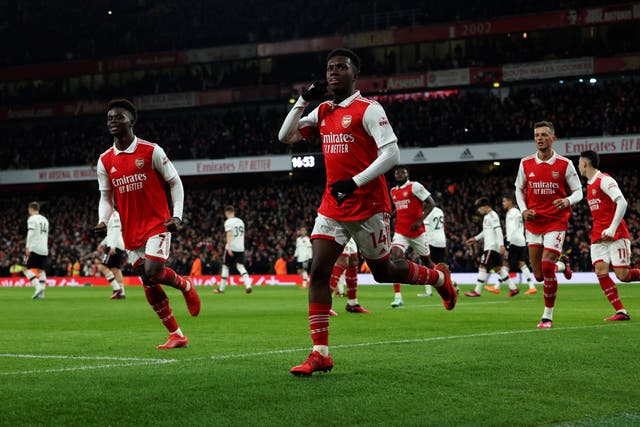 <p>Eddie Nketiah scores the opening goal for the Gunners </p>