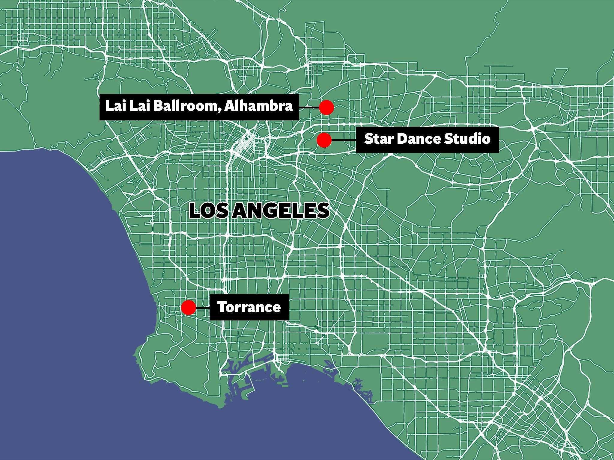 Map showing locations of Star Dance Studio, where gunman Huu Can Tran shot dead 10 people in Monterey Park on Saturday; the Lai Lai Ballroom, where he was disarmed by members of the public; and Torrance, where his van was stopped by police