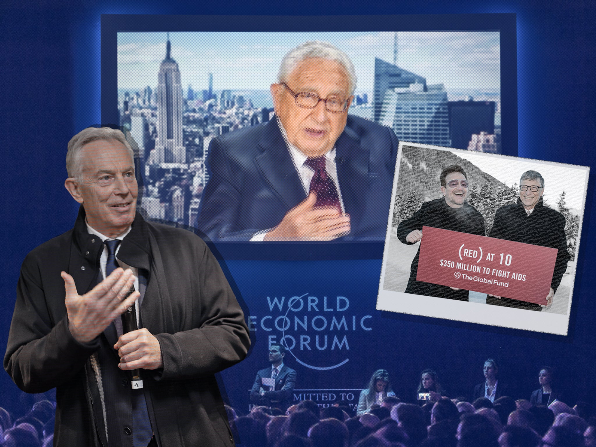 Davos men: Tony Blair and Henry Kissinger deliver remarks to the forum – Bono and Bill Gates are also regulars